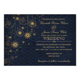 Gold 
and Blue Snowflakes Winter Wedding Invitations 